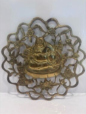 Vintage solid cast brass laughing Buddha trivet- Buddha lotus wall hanging